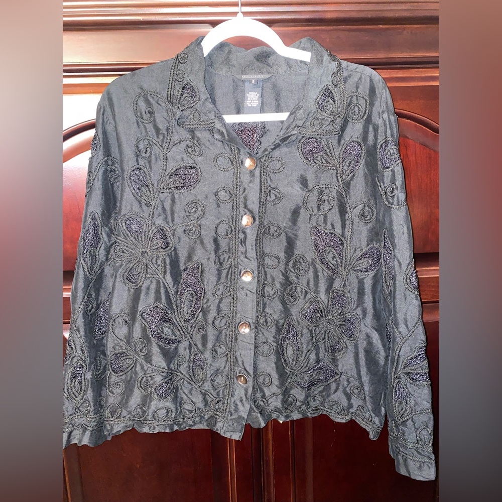 Multiples black floral button blouse top‎